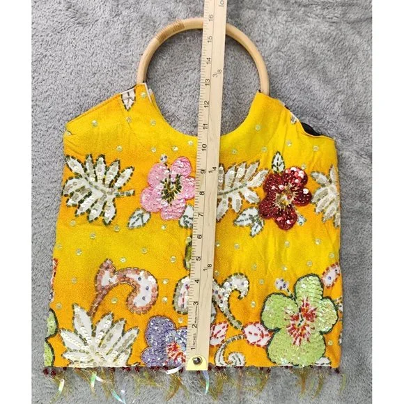 Bali Collection Purse Womens Yellow Hippie Boho Floral Sequined Wooden Handle - Picture 4 of 8